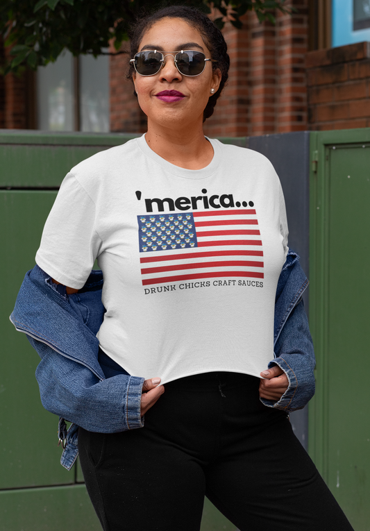 White Graphic Tees | Merica Chick T-Shirt | Drunk Chicks Craft Sauces